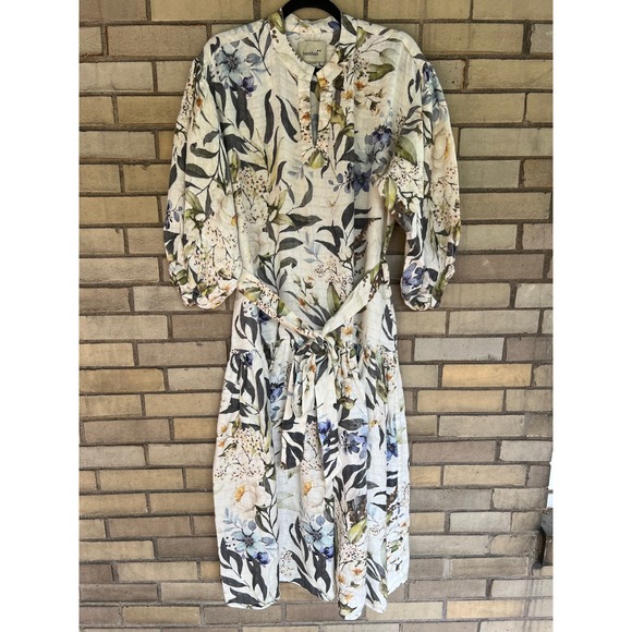 Bambah Dresses & Skirts - Bambah Floral Linen Balloon Sleeve Tiered Midi Dress Medium Ivory Blue Green